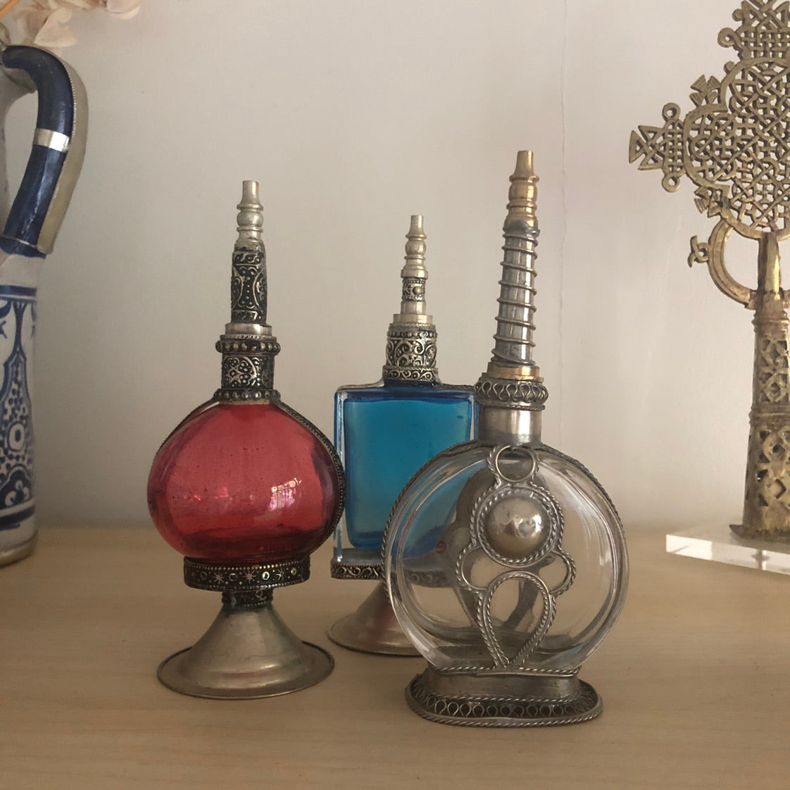 Moroccan Perfume Bottle with Silver Nickel Detail in Clear Glass