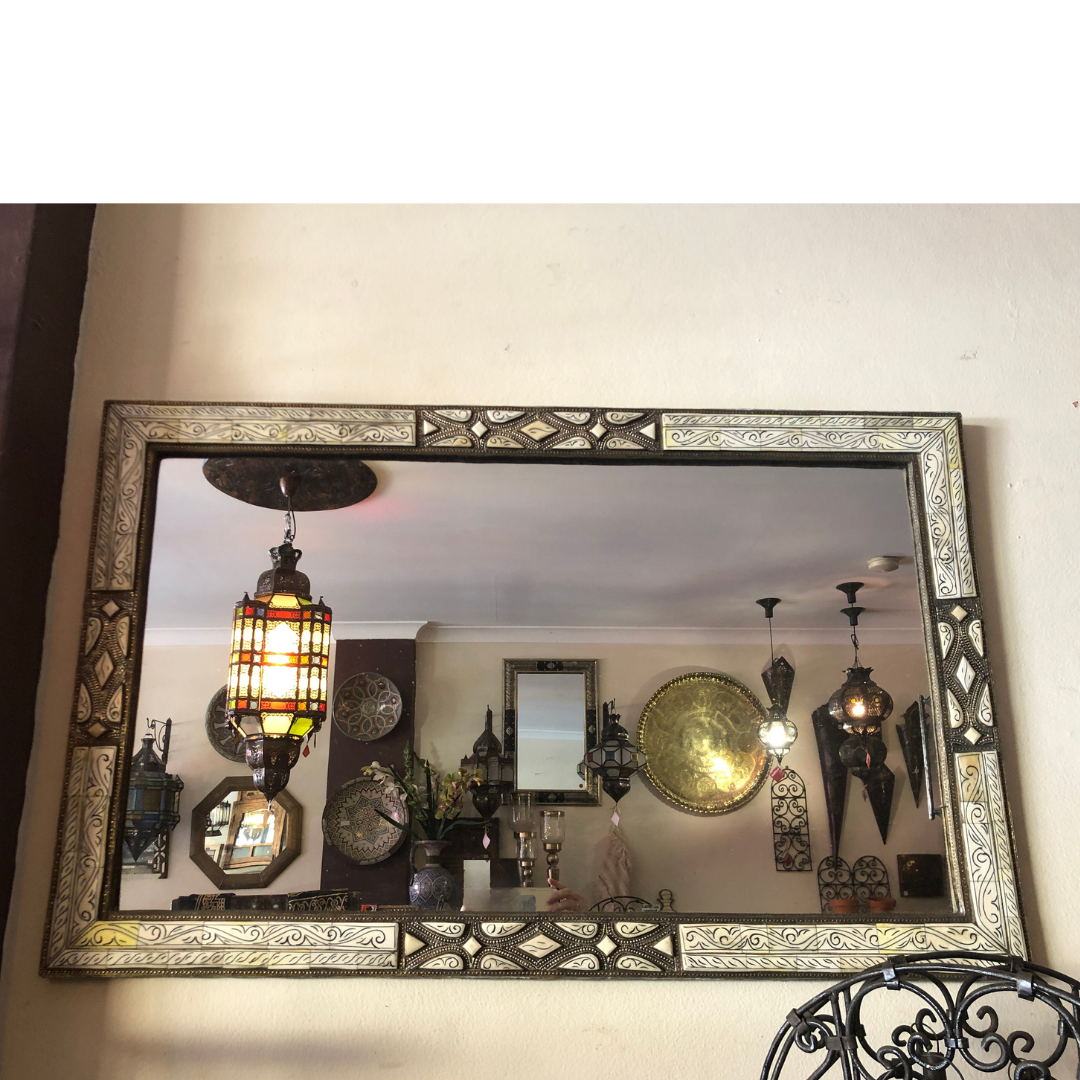Traditional Moroccan Rectangular Mirror with Bone Inlay & Inked Decor
