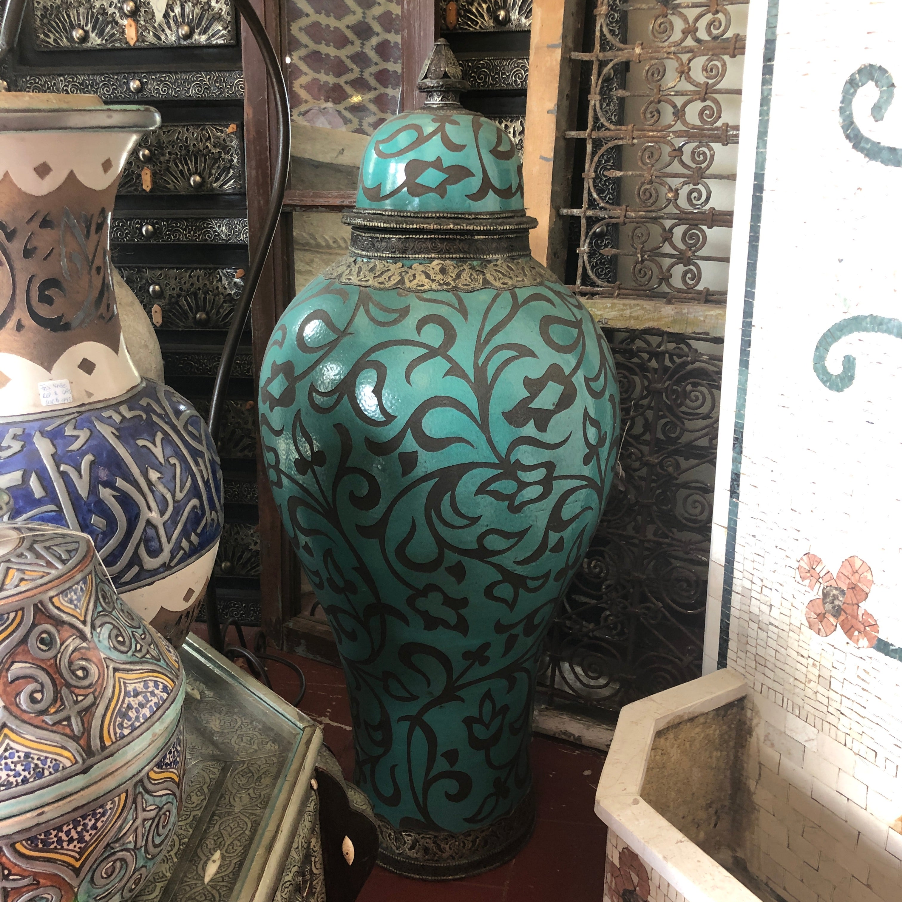 Handcarved Moroccan Tall Urn in Turquoise