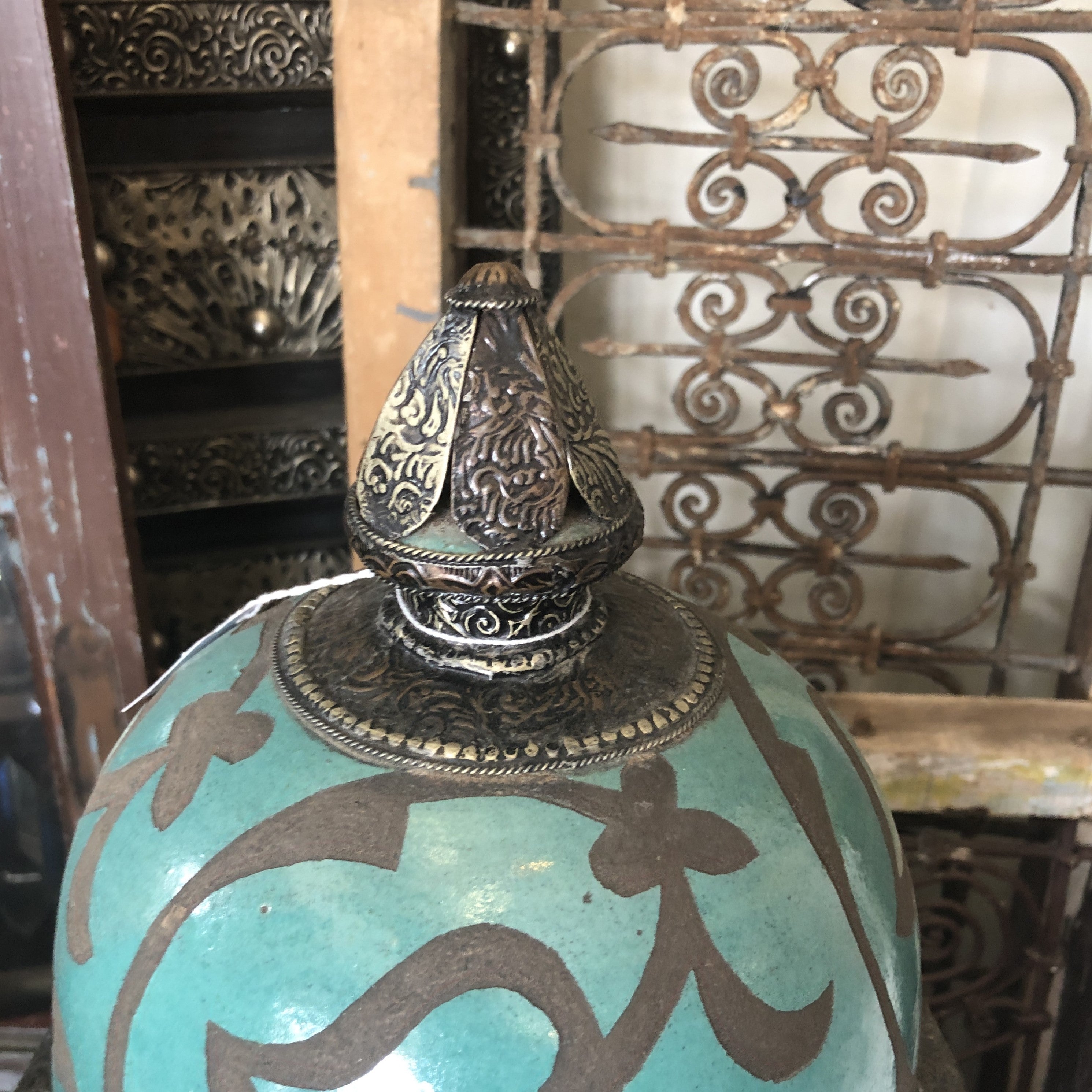 Handcarved Moroccan Tall Urn in Turquoise