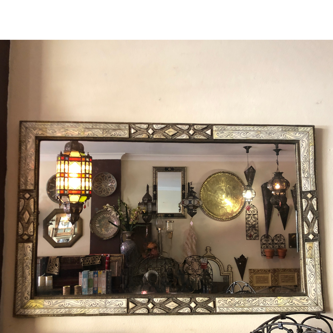 Traditional Moroccan Rectangular Mirror with Bone Inlay & Inked Decor
