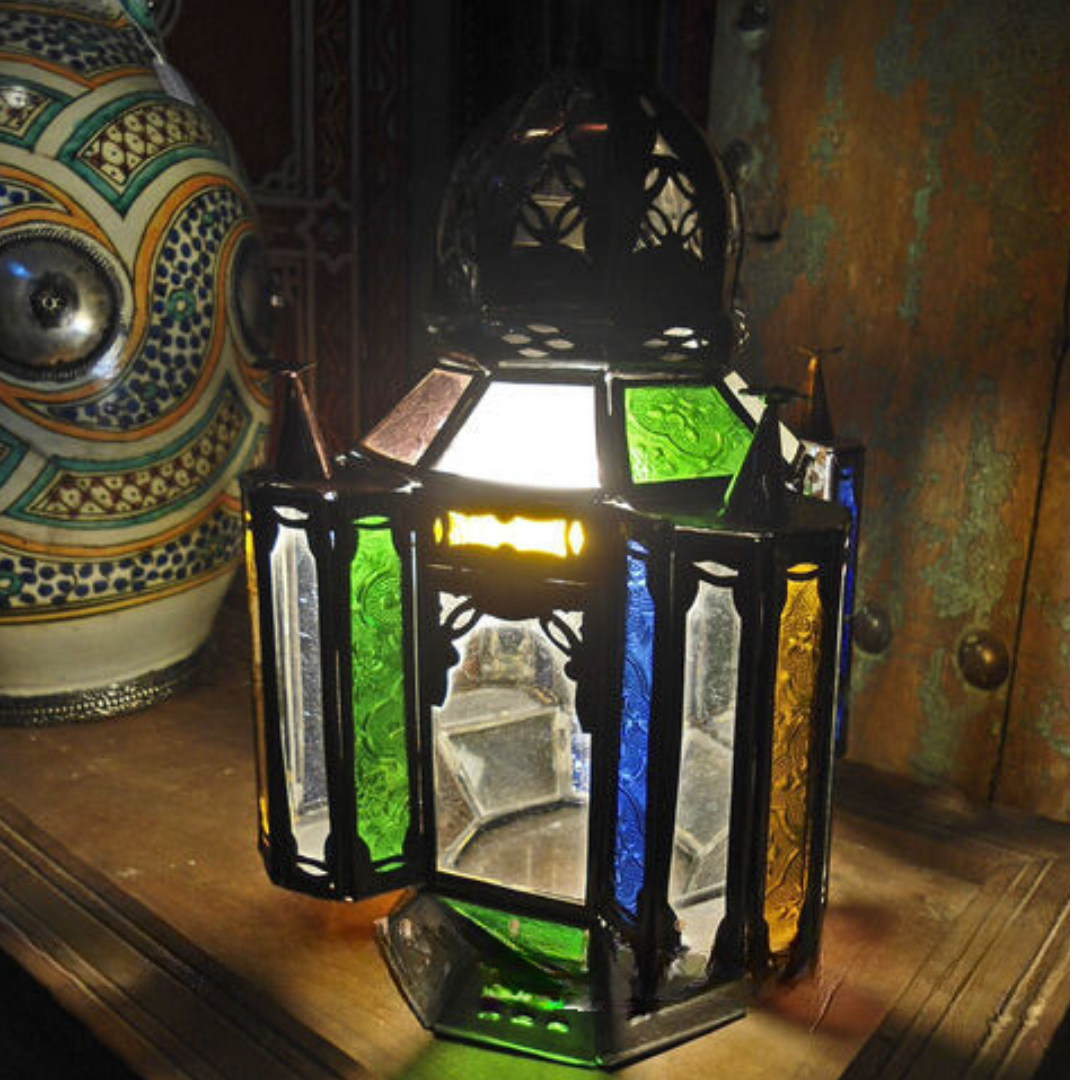 Moroccan Small Standing Lantern with Multi-Coloured Glass