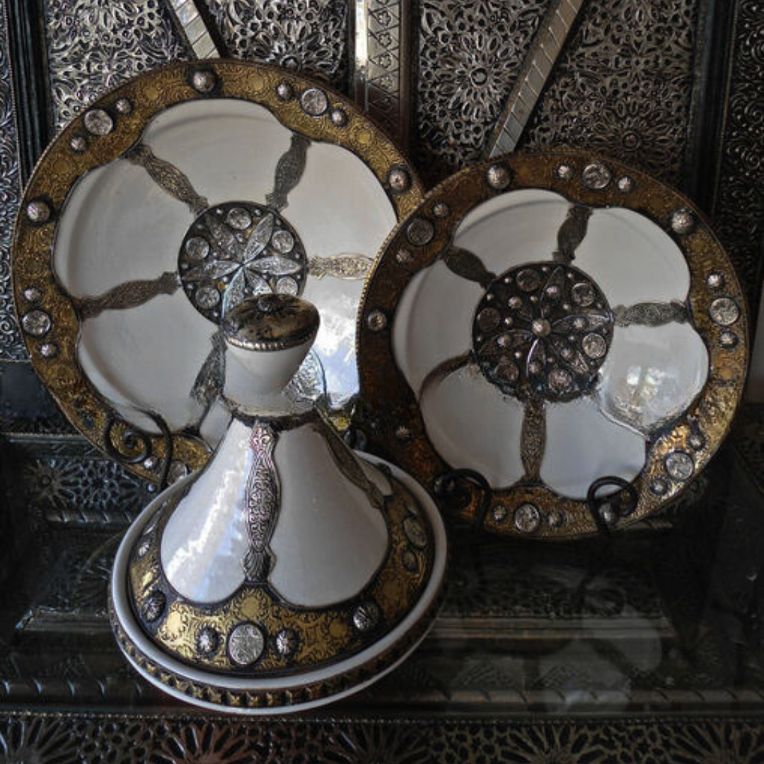 Decorative Safi Plate with Silver Nickel Embellishments in White