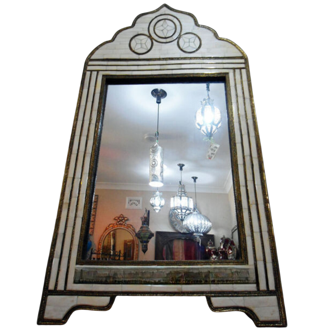 Traditional Moroccan Crested Mirror with Bone Inlay