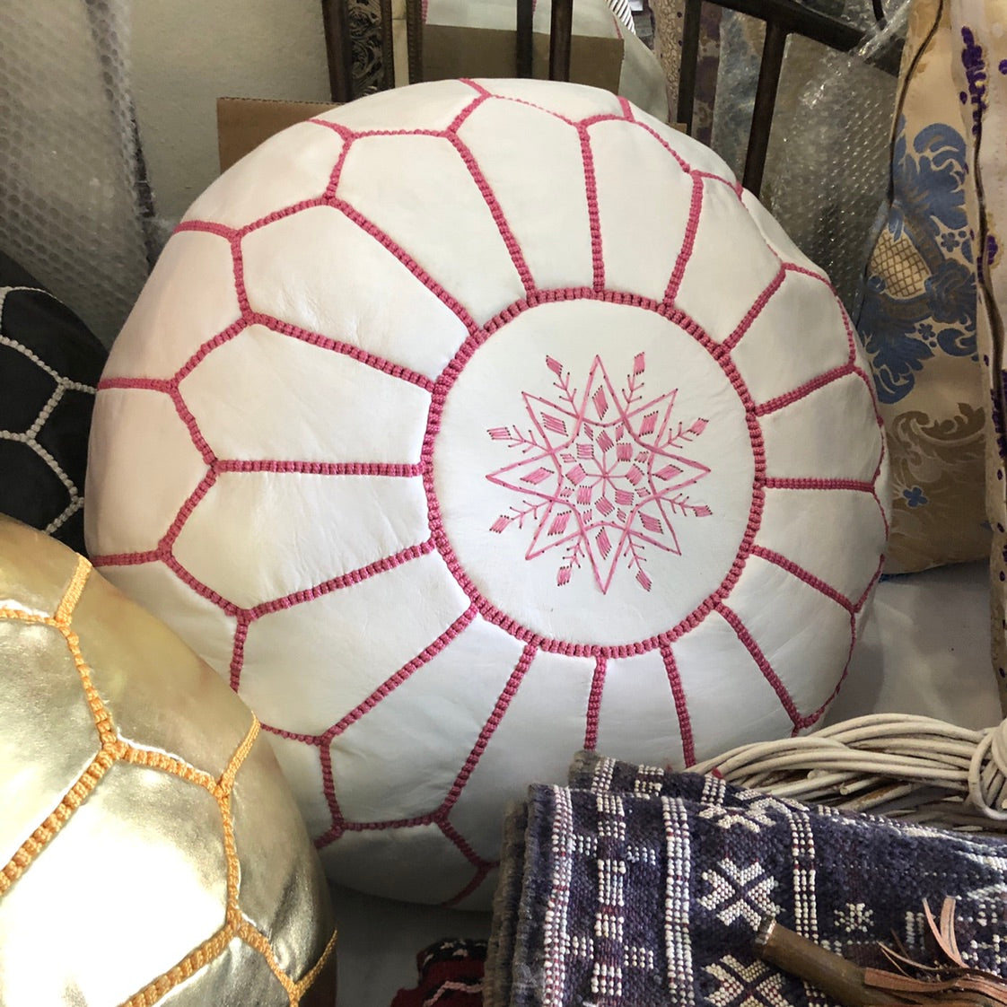 Moroccan Leather Pouffe in White with Pink Stitching