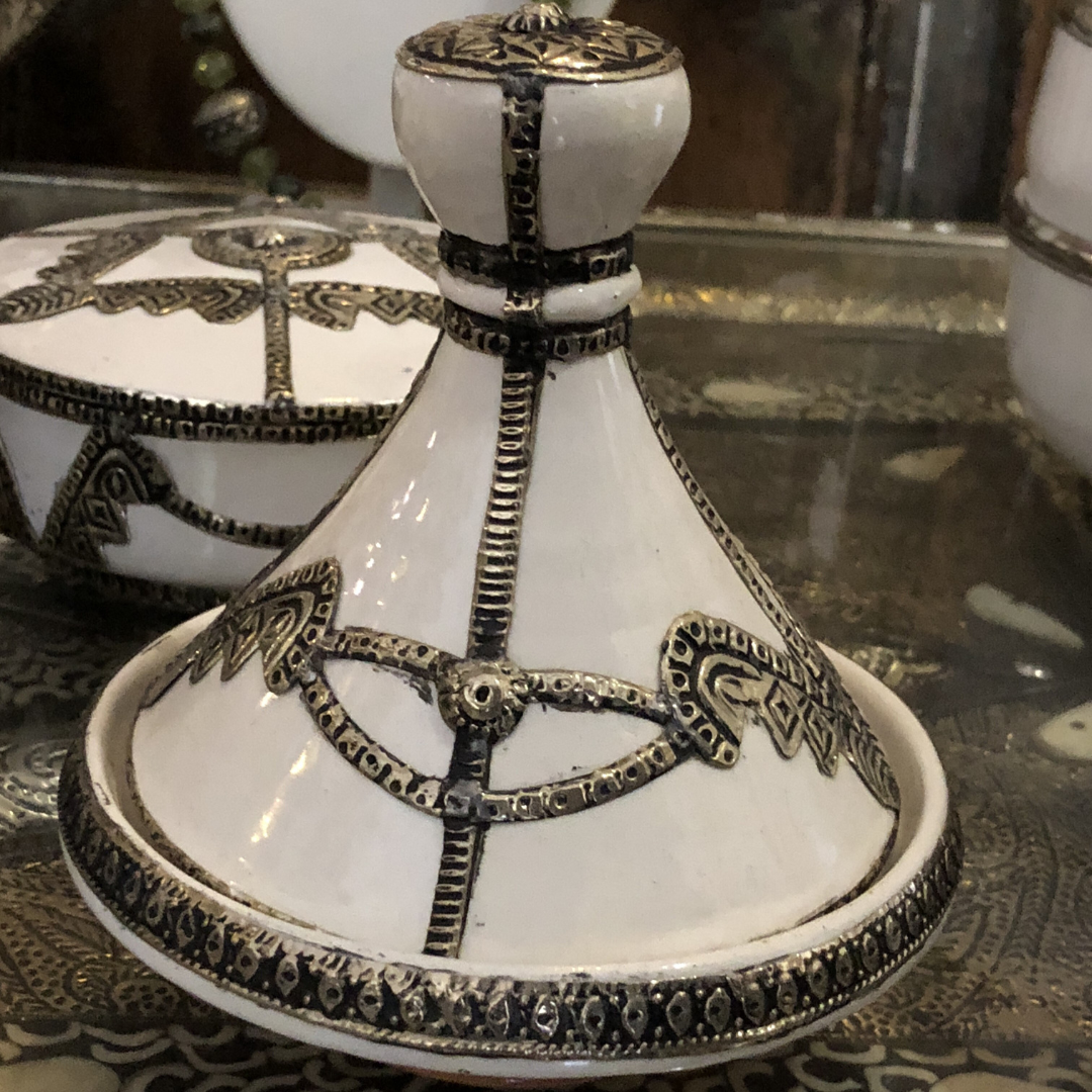 Decorative Tagine with Silver Nickel Embellishments in White