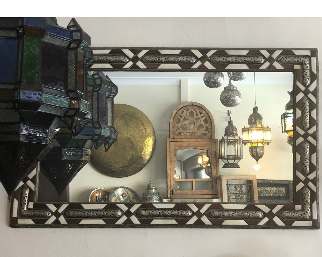 Traditional Moroccan Mirror with Orange Wood & Bone Inlay & Metalwork