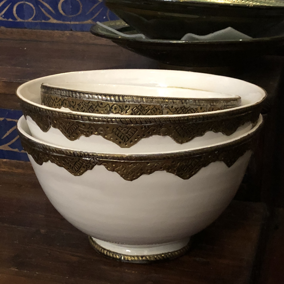 Safi Bowl with Silver Nickel Embellishments in White