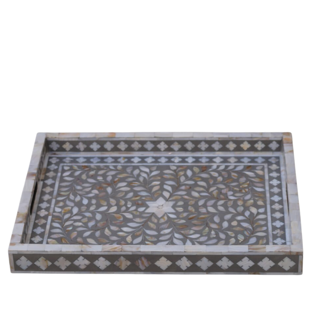 Mother of Pearl Inlay Rectangular Tray in Floral/Charcoal Grey