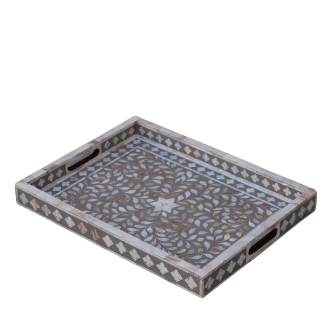 Mother of Pearl Inlay Rectangular Tray in Floral/Grey