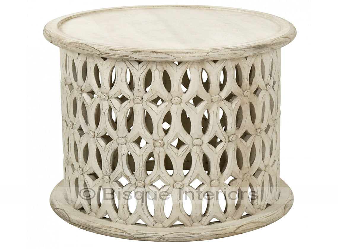 Carved Wooden Side Table in White Wash