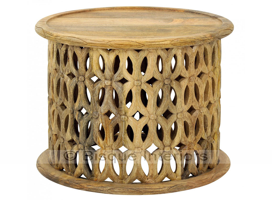 Carved Wooden Side Table in Natural Finish