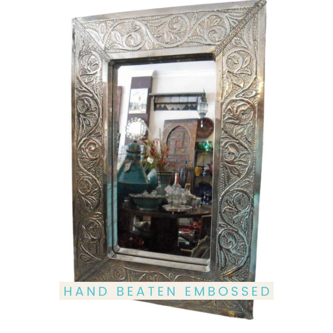 Genuine Moroccan Mirror with Floral Embossed Silver Nickel Frame