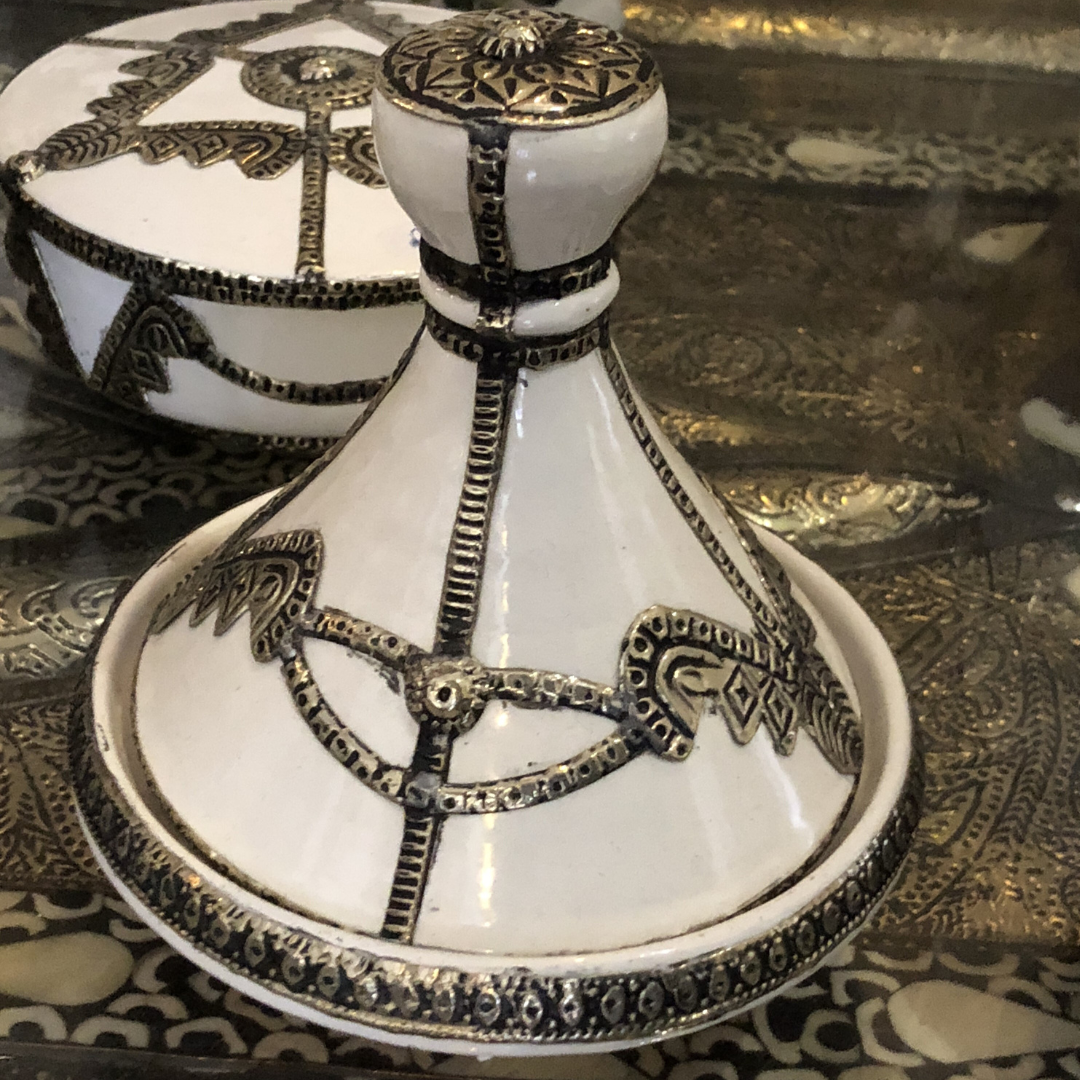 Decorative Tagine with Silver Nickel Embellishments in White