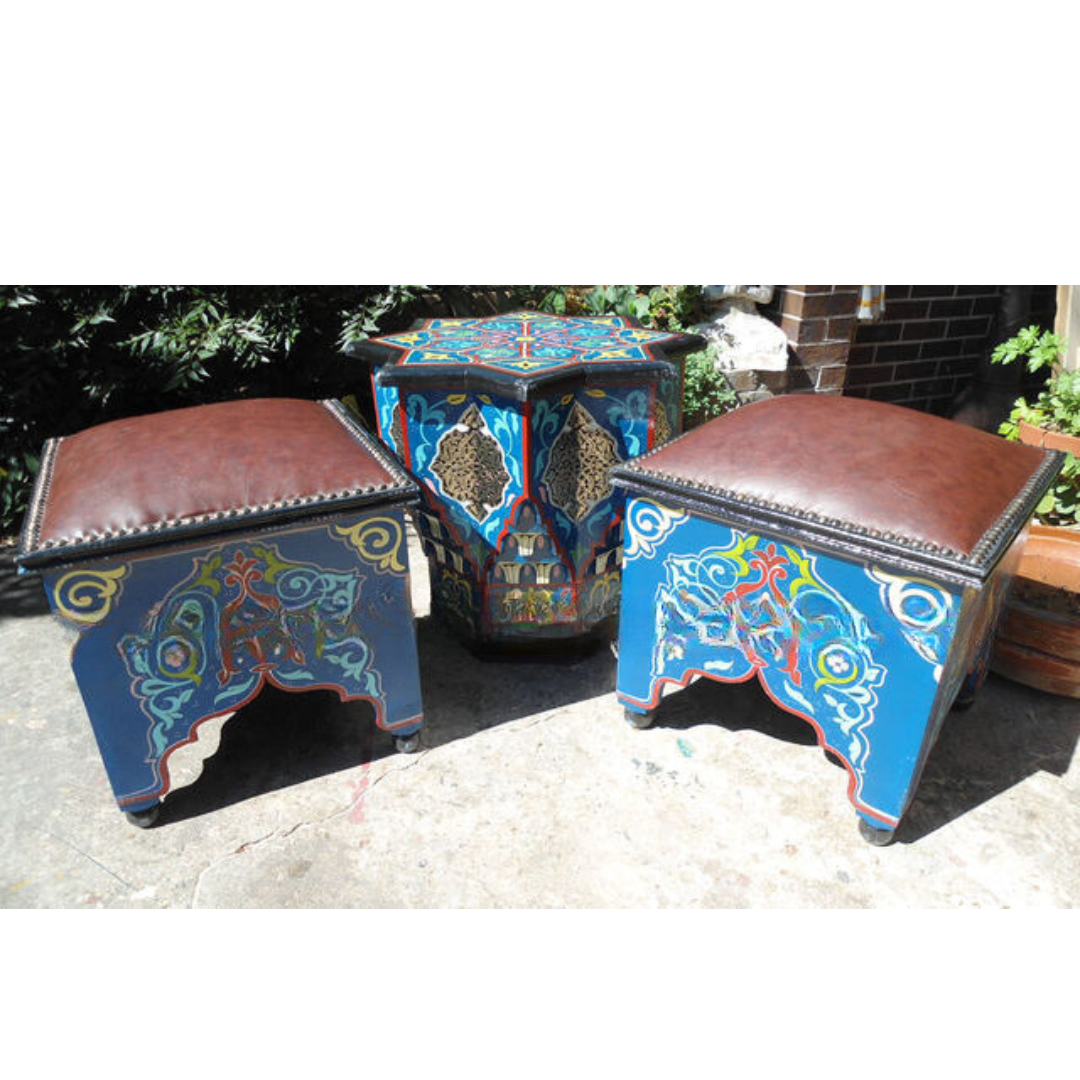 Moroccan Square Stools with Leather Pad