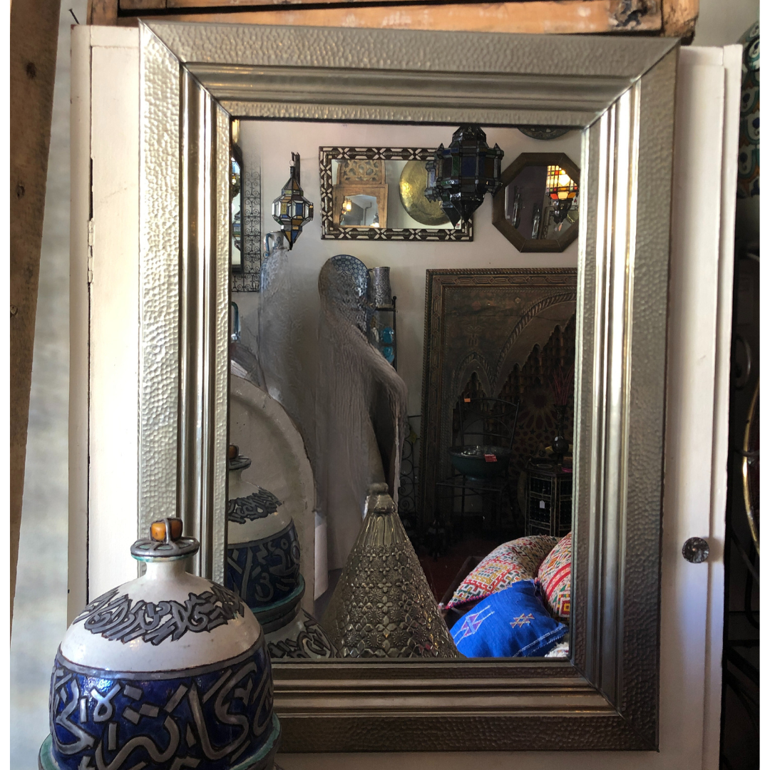 Genuine Moroccan Mirror with Dimpled Embossed Silver Nickel Frame