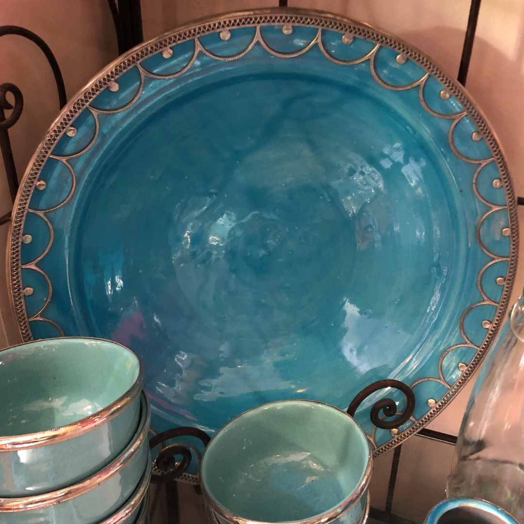 Safi Large Shallow Bowl with Silver Nickel Embellishments in Turquoise