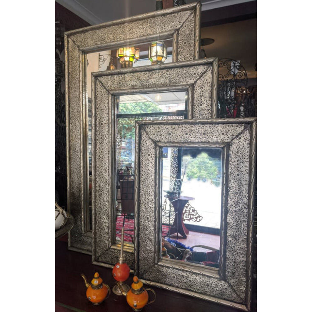 Genuine Moroccan Mirror with Filigree Silver Nickel Frame