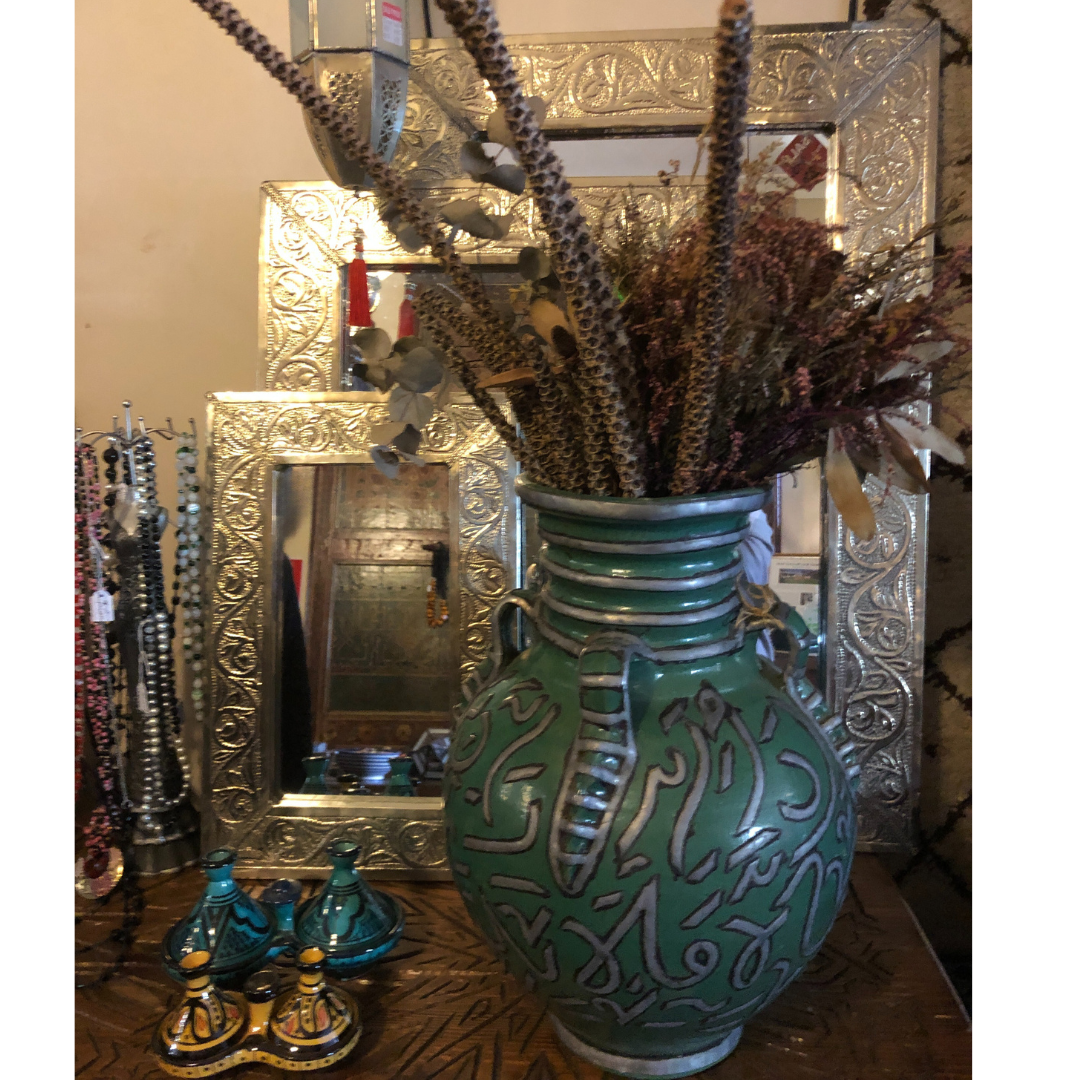 Genuine Moroccan Mirror with Floral Embossed Silver Nickel Frame