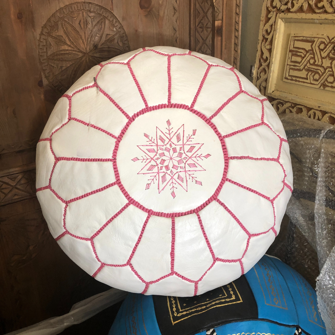 Moroccan Leather Pouffe in White with Pink Stitching