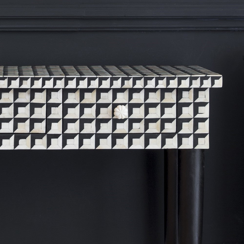 Bone Inlay 3 Drawer Console with Timber Legs in Shadow Box Black