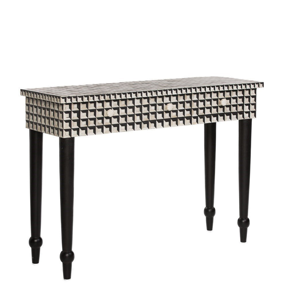 Bone Inlay 3 Drawer Console with Timber Legs in Shadow Box Black