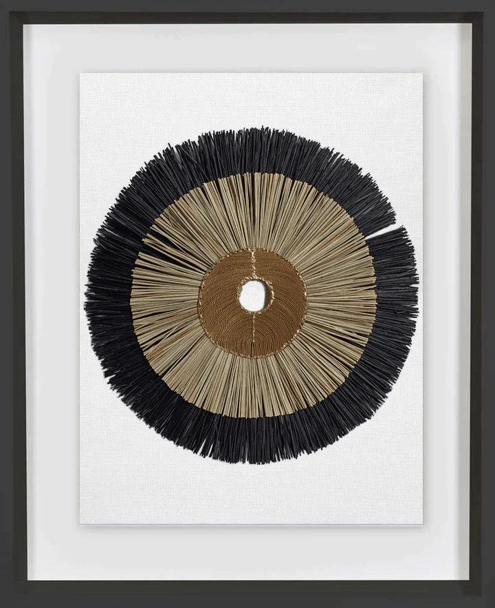 African Disc Bronze & with Black & Natural Grass Ring Artwork 67 x 85 cm in Black Frame