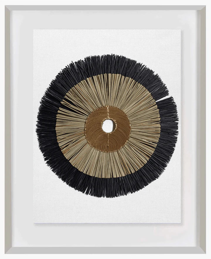 African Disc Bronze & with Black & Natural Grass Ring Artwork 67 x 85 cm in Black Frame