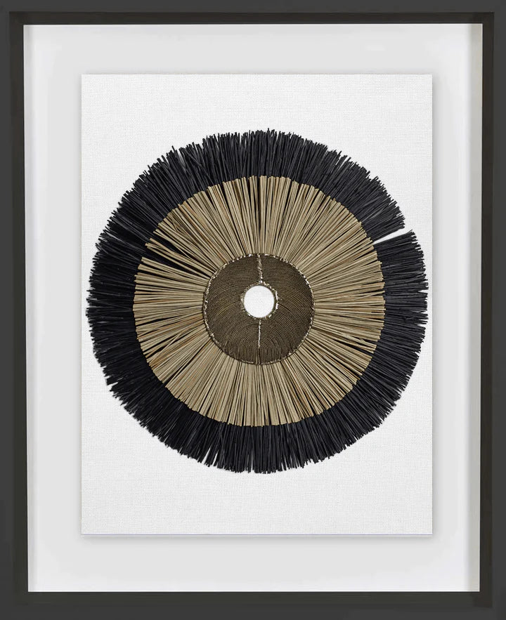 African Disc Copper & with Black & Natural Grass Ring Artwork 67 x 85 cm in Black Frame