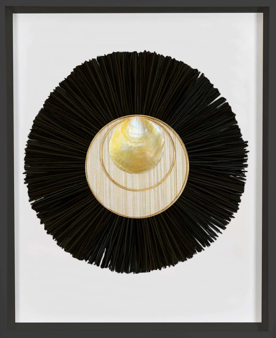 African Shell Disc Gold & Grass Mat Black Artwork 67 x 85 cm in Black Frame