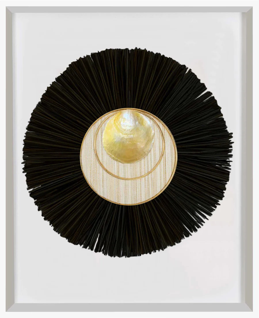 African Shell Disc Gold & Grass Mat Black Artwork 67 x 85 cm in Black Frame