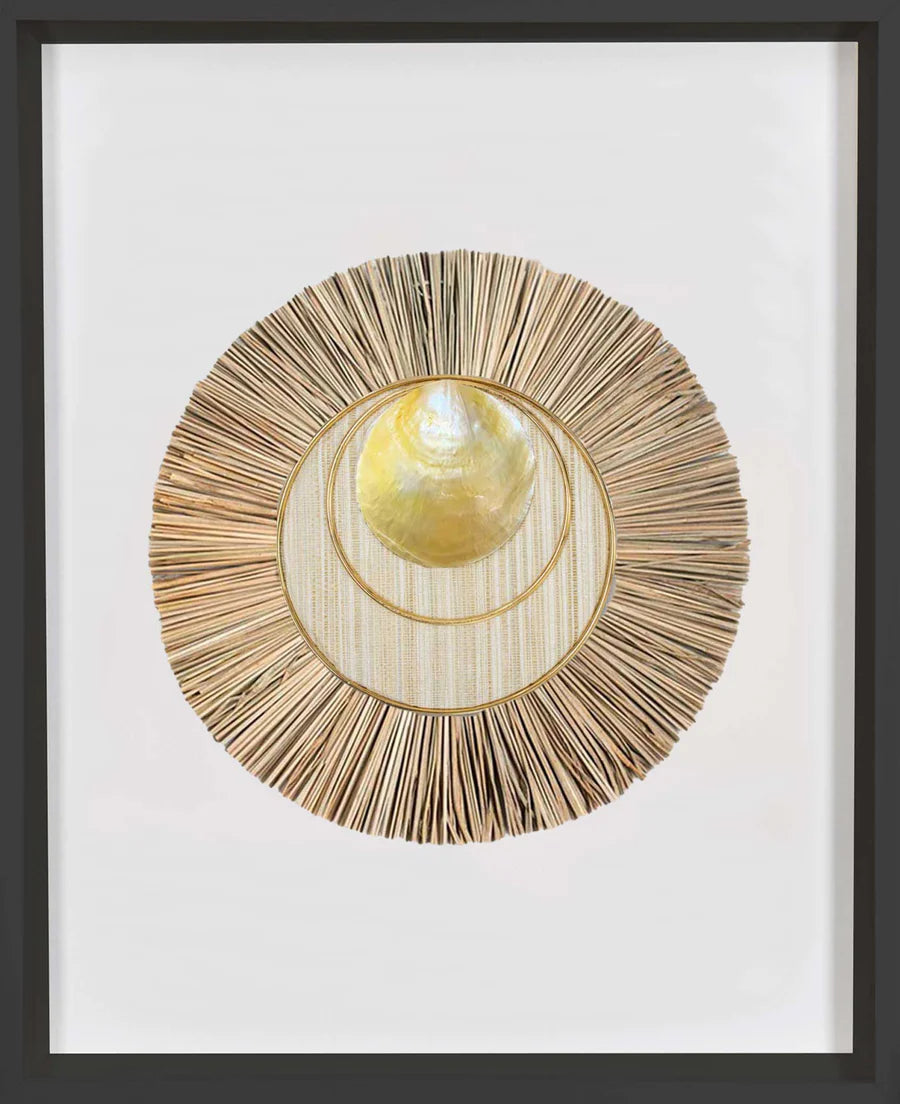 African Shell Disc and Wood Sticks Artwork 67 x 85 cm in Black Frame