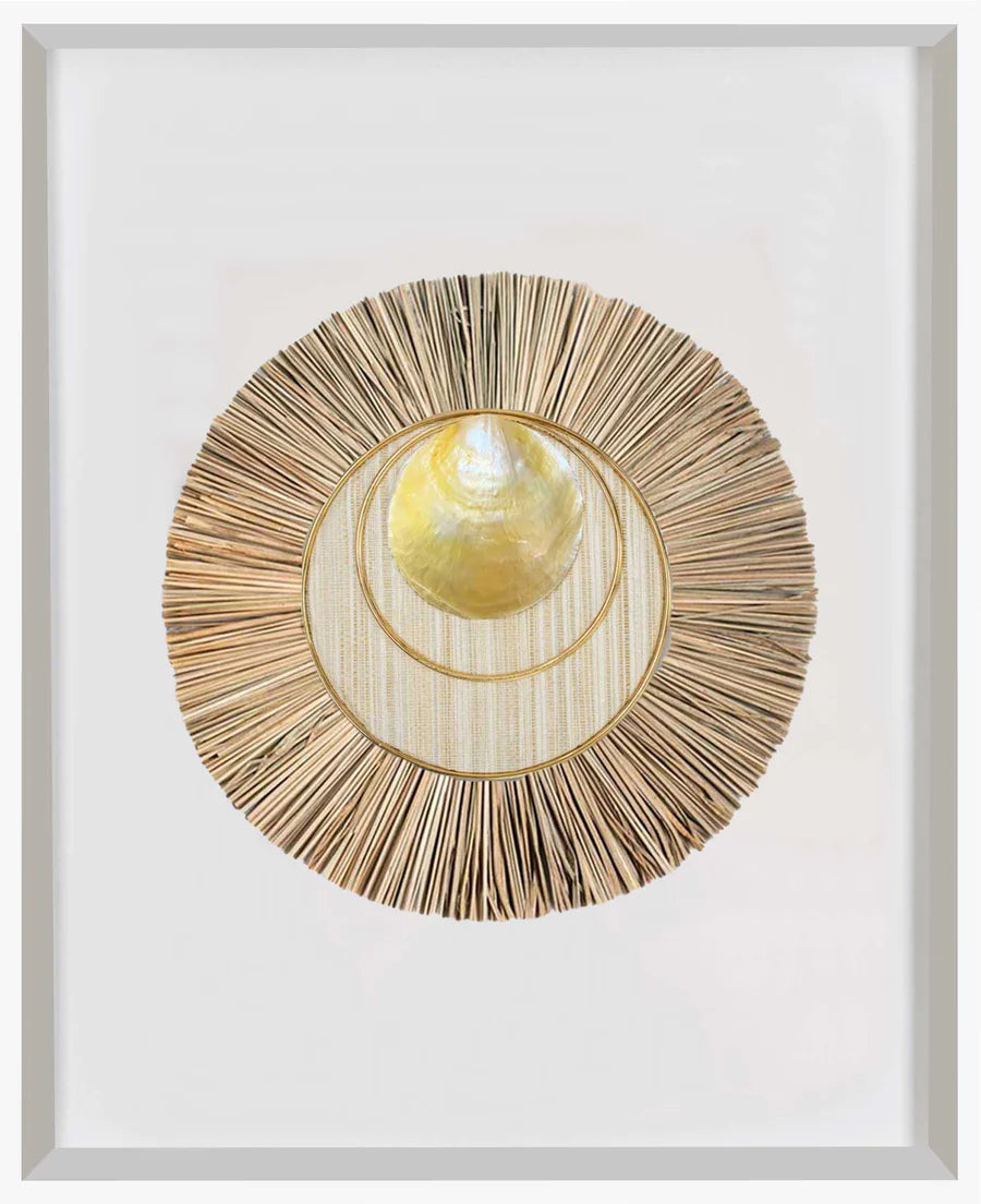 African Shell Disc and Wood Sticks Artwork 67 x 85 cm in Black Frame