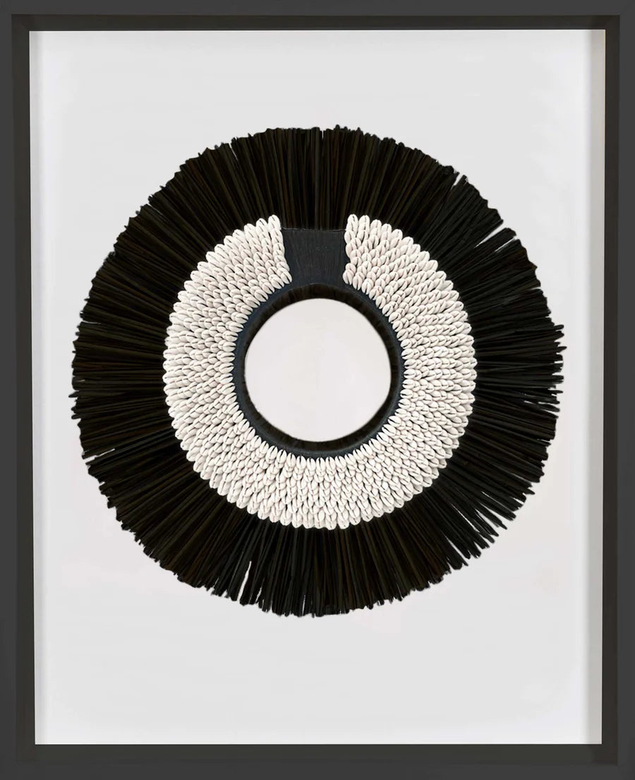 African Shell Ring Black & Grass Mat Black on White Artwork 67 x 85 cm in Black Frame