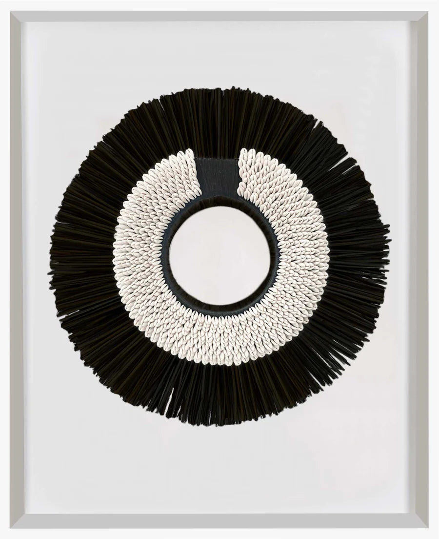 African Shell Ring Black & Grass Mat Black on White Artwork 67 x 85 cm in Black Frame