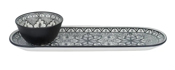 Moroccan Style Ceramic Serving Plate with Bowl in Black/White