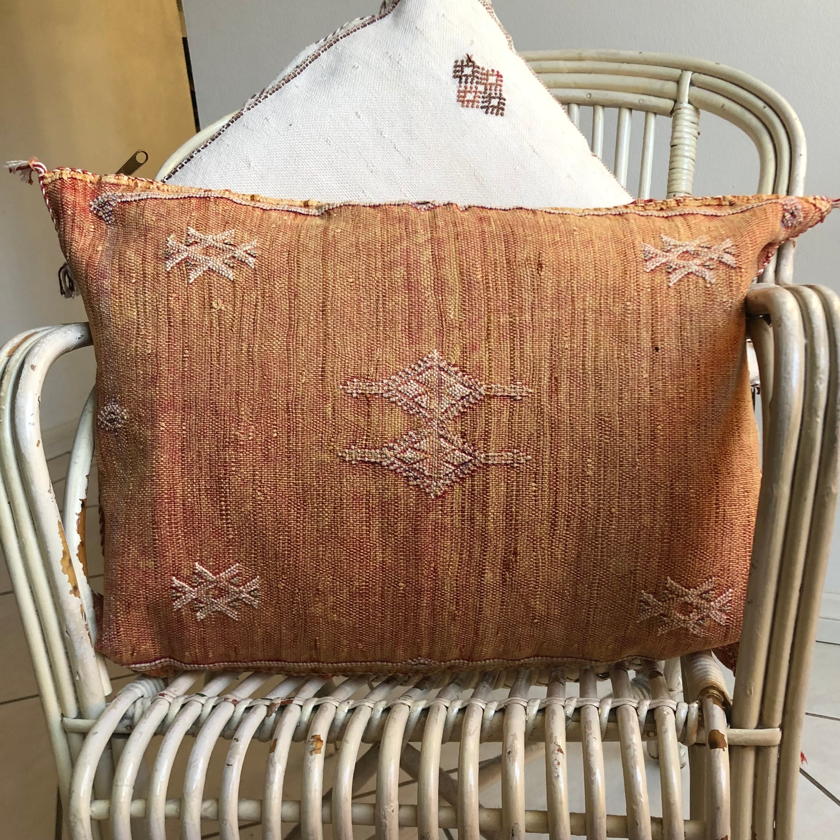 Genuine Moroccan Cactus Silk Rectangular Pillow in Ochre