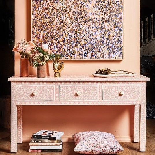 Bone Inlay 3 Drawer Console in Floral/Blush
