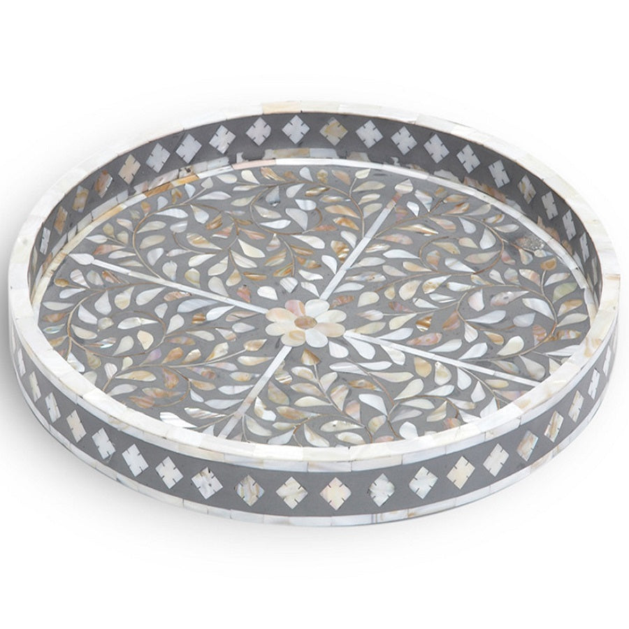 Bone Inlay Small Round Tray in Grey