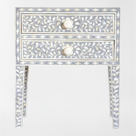 Bone Inlay Bedside Table with 2 Drawers in Grey - Last One