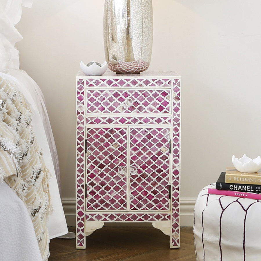 Bone Inlay Marrakech Bedside Cabinet in Fuchsia