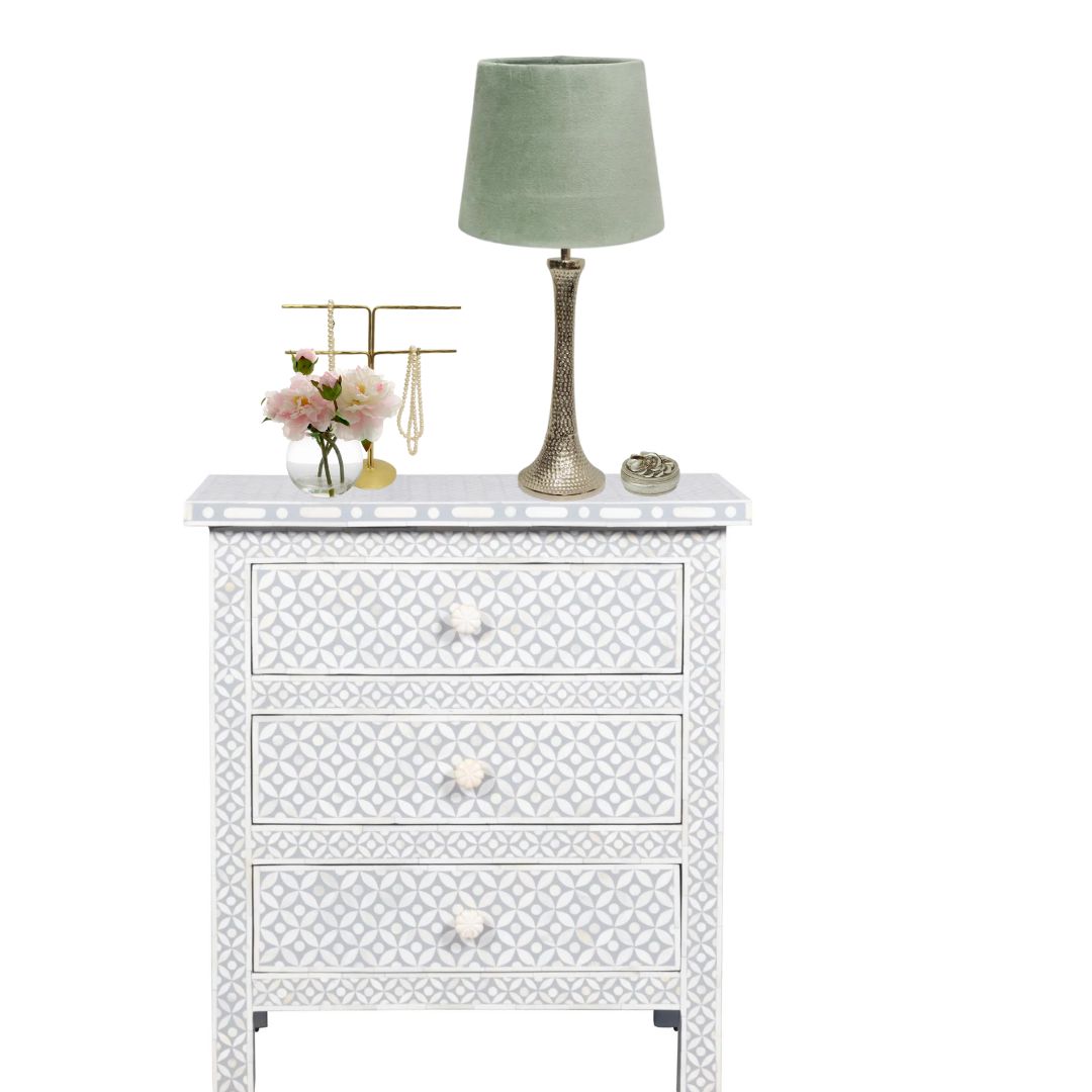 Bone Inlay Wide 3 Drawer Bedside Chest in Celtic Grey - Warehouse Sale