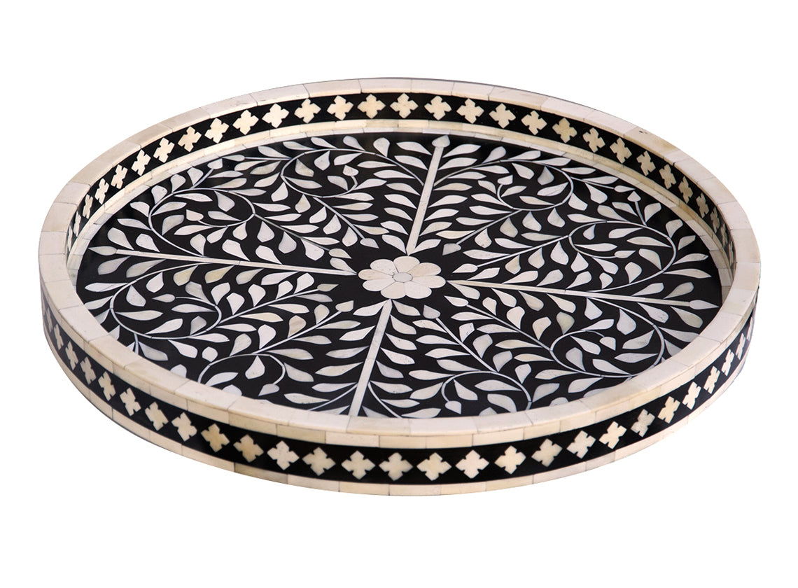 Bone Inlay Medium Round Tray in Black