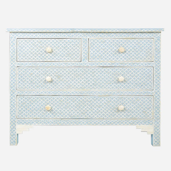 Bone Inlay 4 Drawer Chest in Fishscale Powder Blue