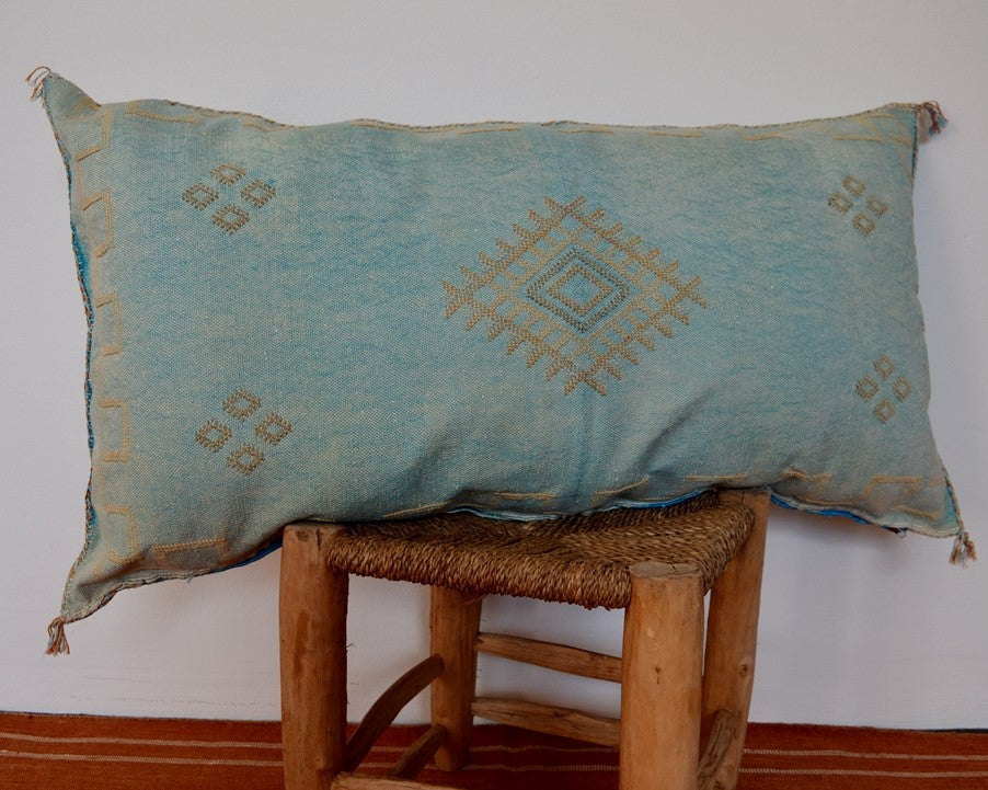 Genuine Moroccan Cactus Silk Lumbar Pillow in Teal