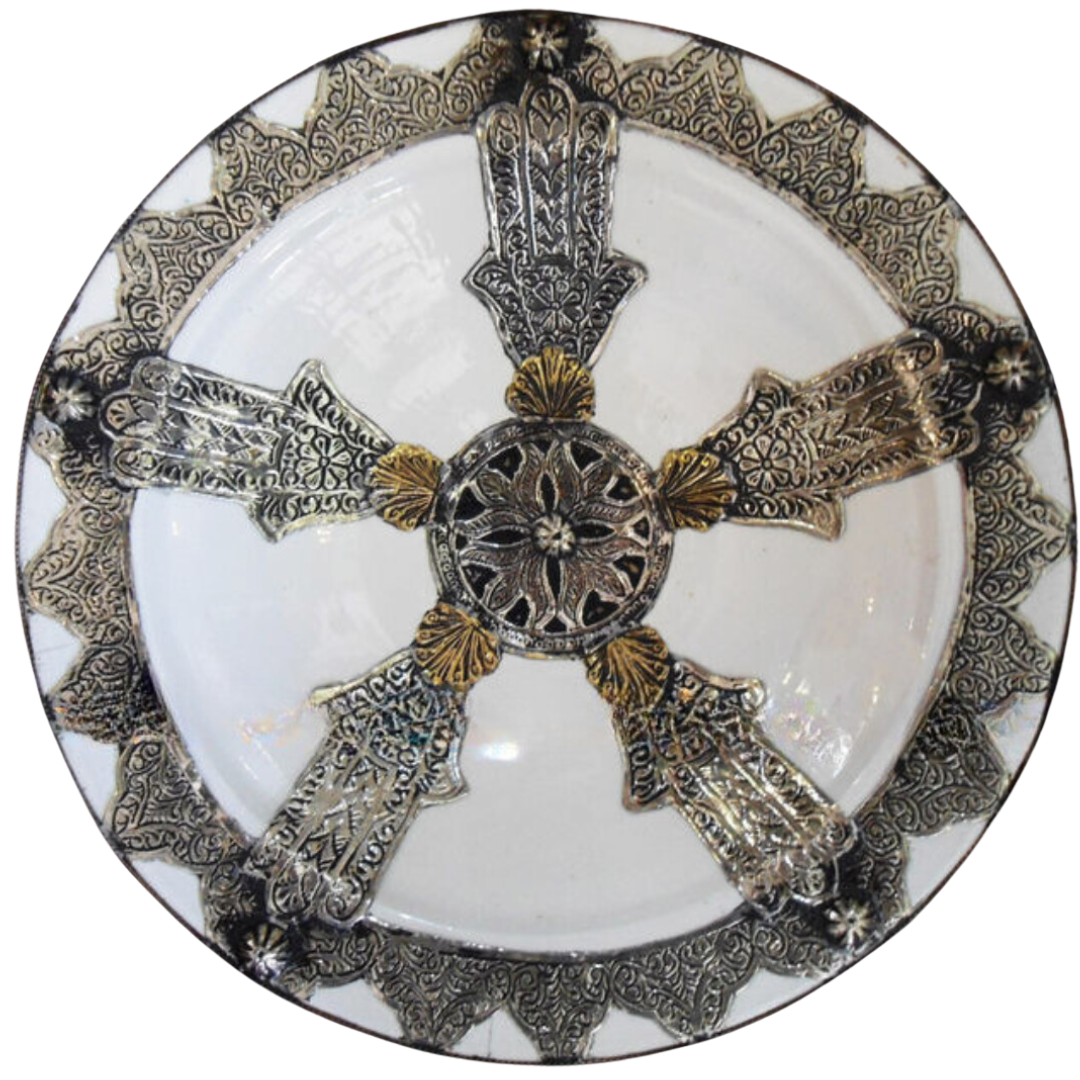 Decorative Safi Plate with Silver Nickel Embellishments in White