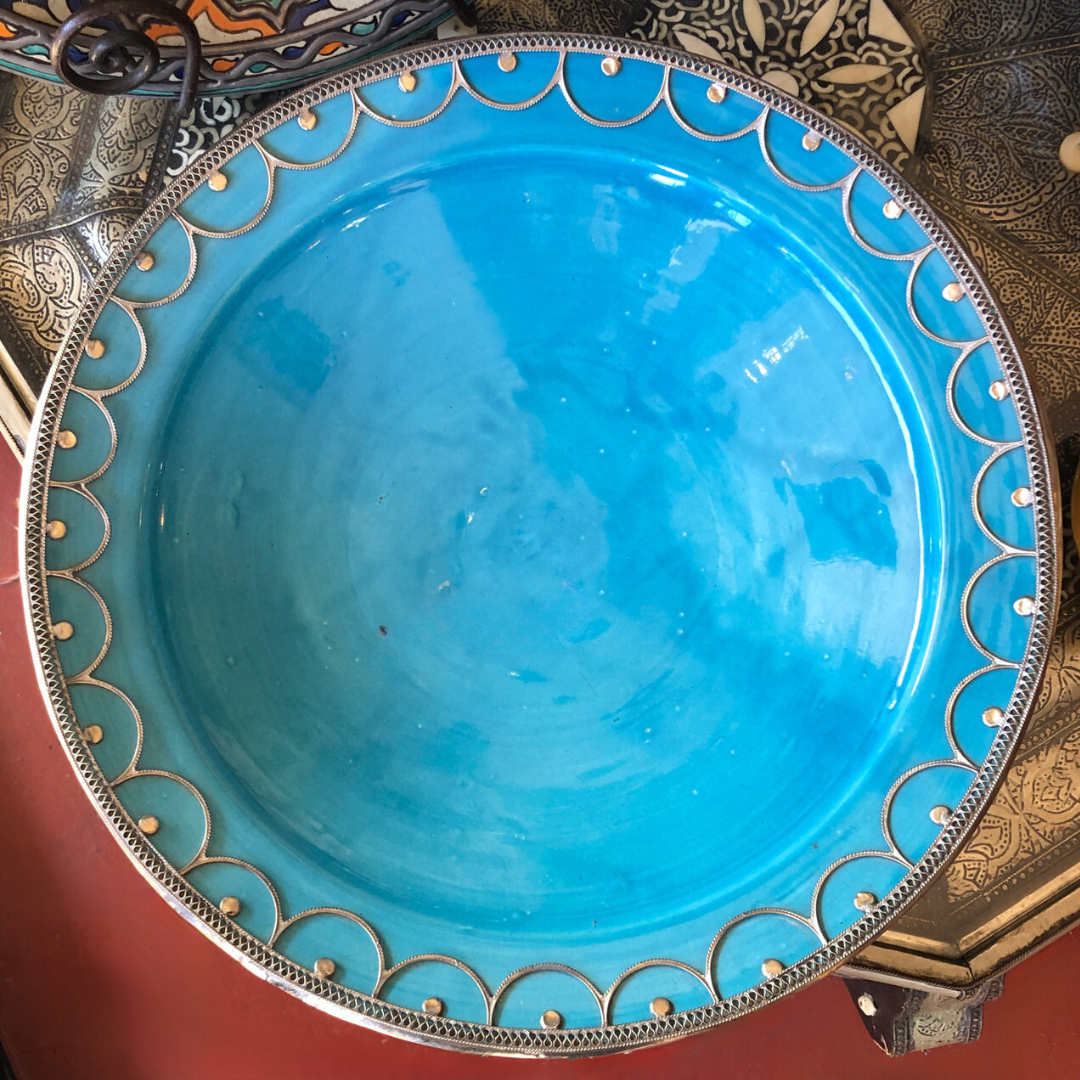 Safi Large Shallow Bowl with Silver Nickel Embellishments in Turquoise