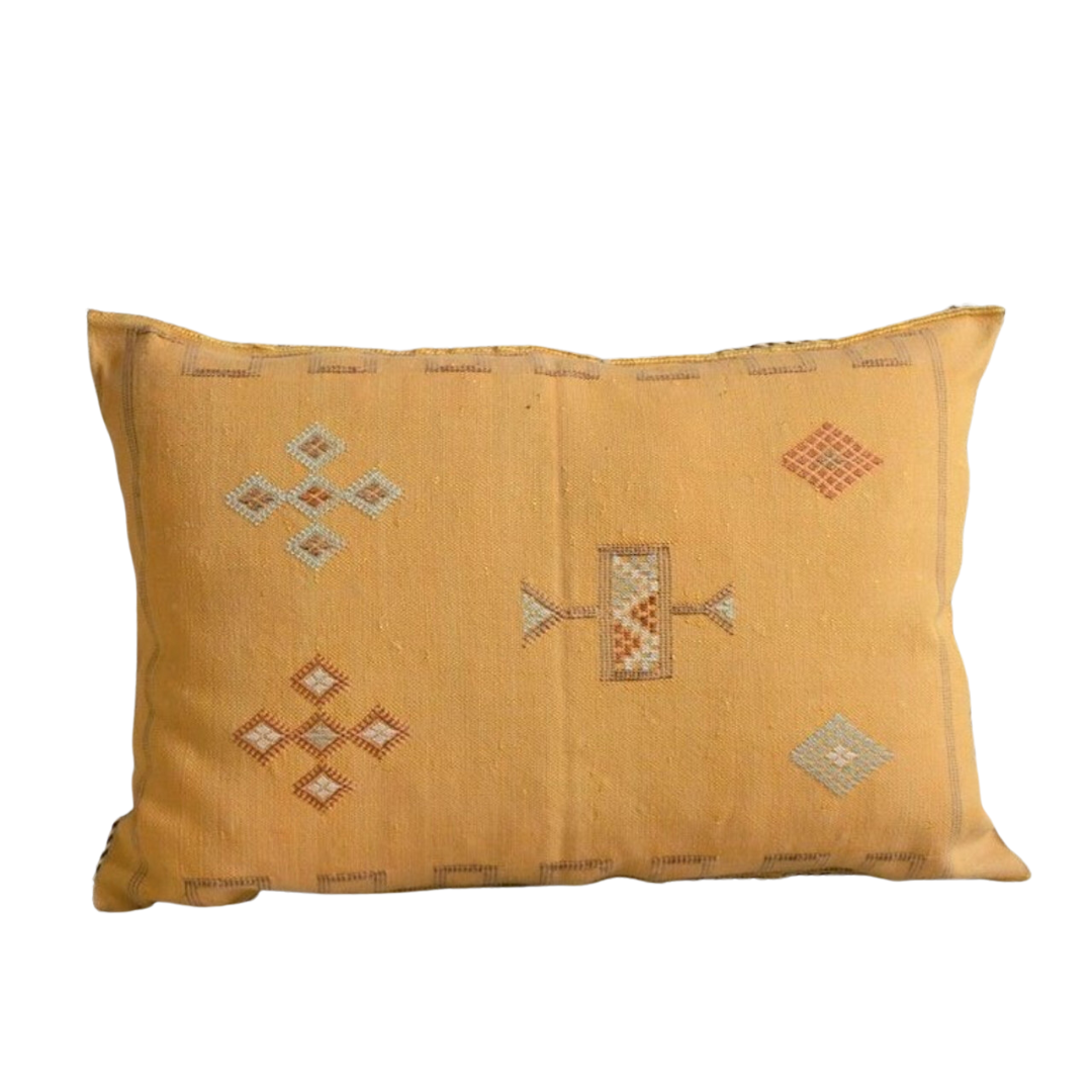 Genuine Moroccan Cactus Silk Lumbar Pillow in Mango Yellow