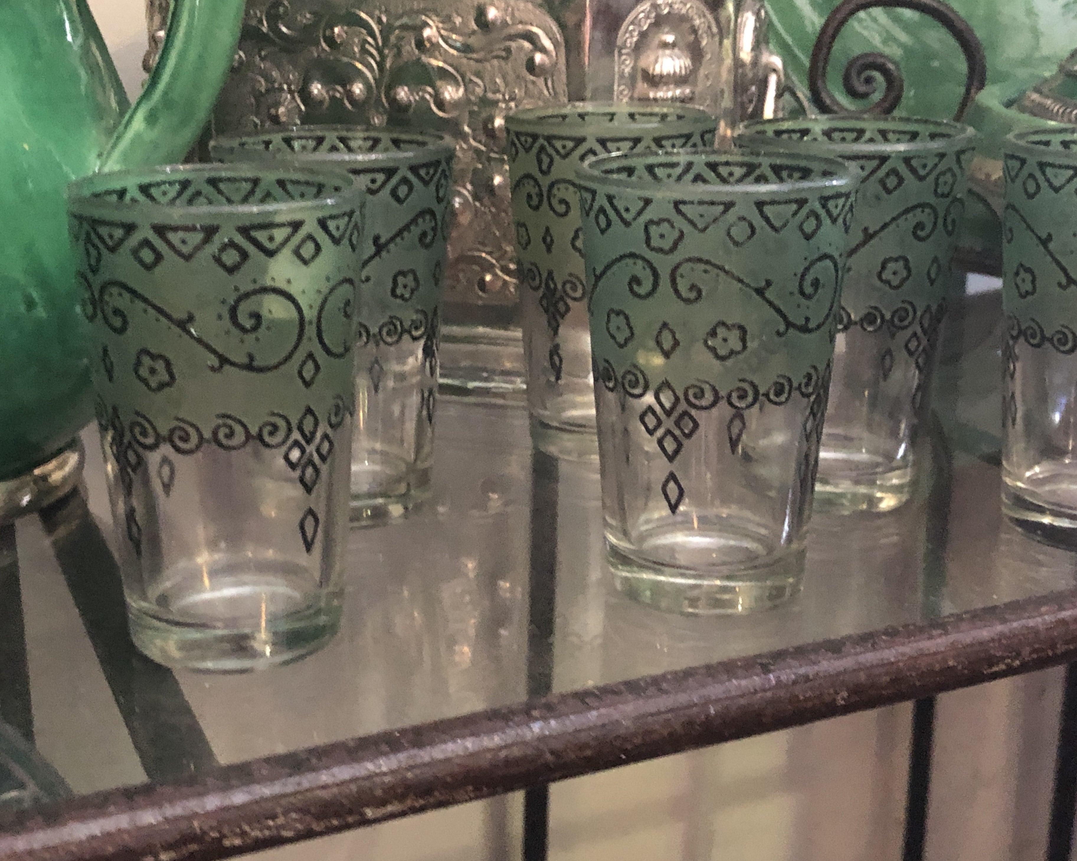 Clear & Green Frosted Moroccan Glasses with Black Etching - Set of 6