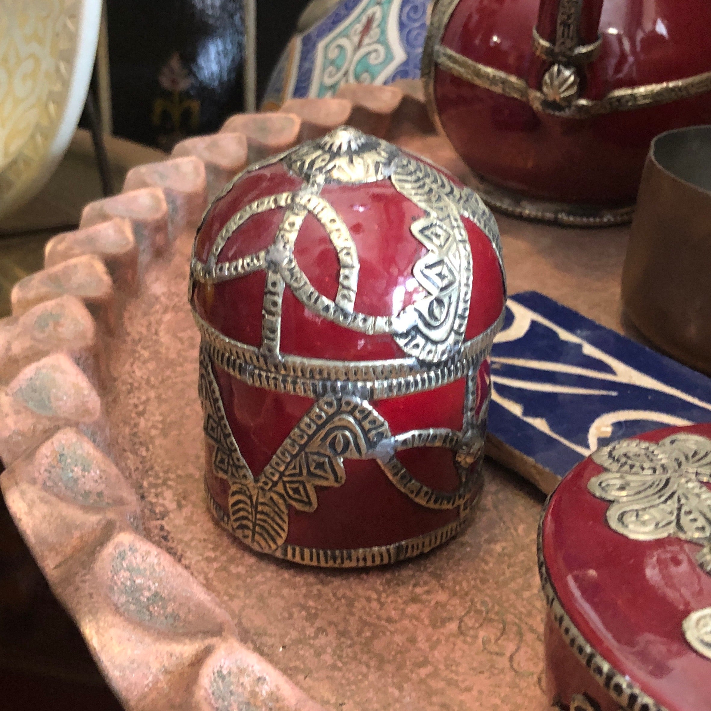 Safi Box with Rounded Lid with Silver Nickel Embellishments in Red